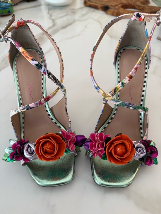 Betsey Johnson Shoes - Betsey Johnson Metallic Green Floral Appliqué Strappy Heels